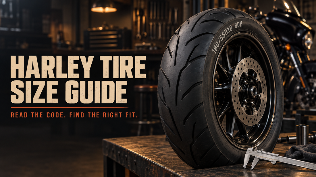 Harley motorcycle tire showing 180/55B18 80H sidewall sizing in a workshop