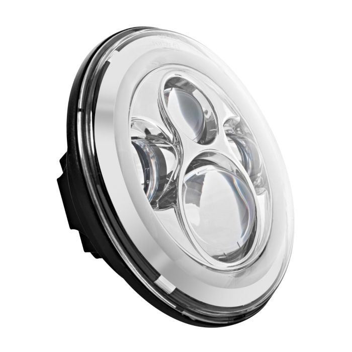 Indian LED HALOMAKER® Headlight in chrome from HOGWORKZ® SIDE angle