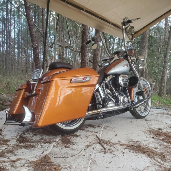 Amber Whiskey Harley® Softail Stretched Saddlebag Conversion Kit w/ Chrome Hardware from HOGWORKZ