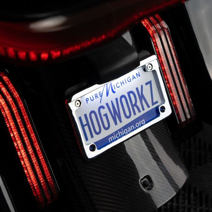 Chrome LED Low Profile License Plate Frame for Harley-Davidson® Motorcycles from HOGWORKZ on bike