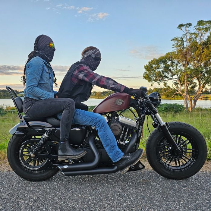 Sissy Bar Backrest for Harley Sportster from HOGWORKZ on bike side view with passenger