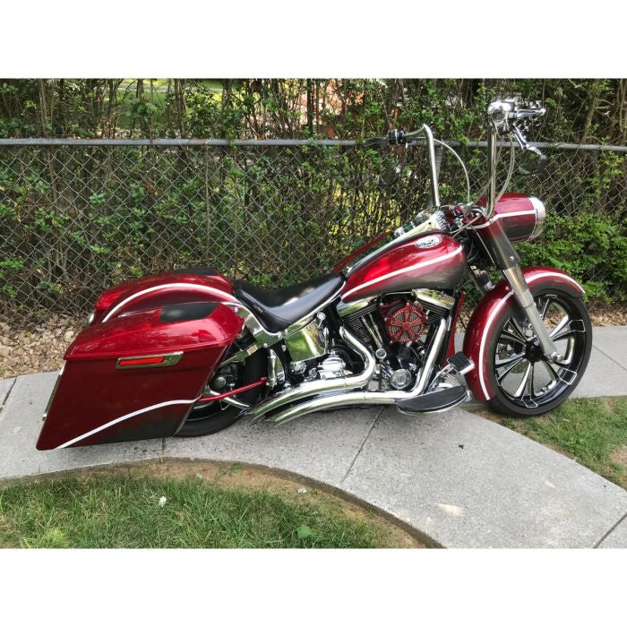 Color Match Harley® Softail Stretched Saddlebag Conversion Kit w/ Chrome Hardware from HOGWORKZ on red softail