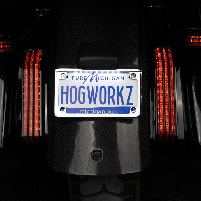 Chrome LED Low Profile License Plate Frame for Harley-Davidson® Motorcycles from HOGWORKZ front view