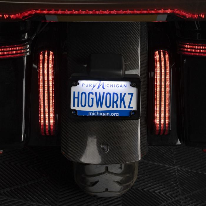Black LED Low Profile License Plate Frame for Harley-Davidson® Motorcycles from HOGWORKZ with lighting