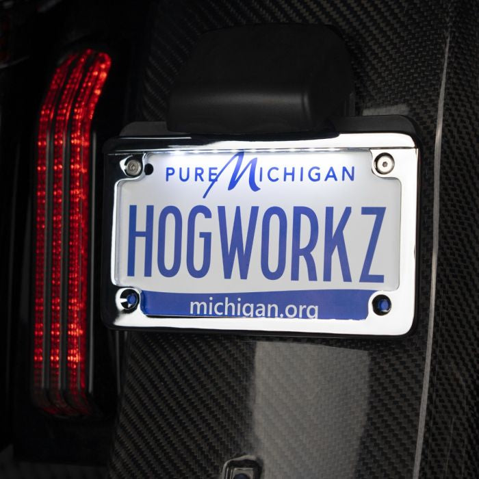 Chrome LED Low Profile License Plate Frame for Harley-Davidson® Motorcycles from HOGWORKZ on black bike