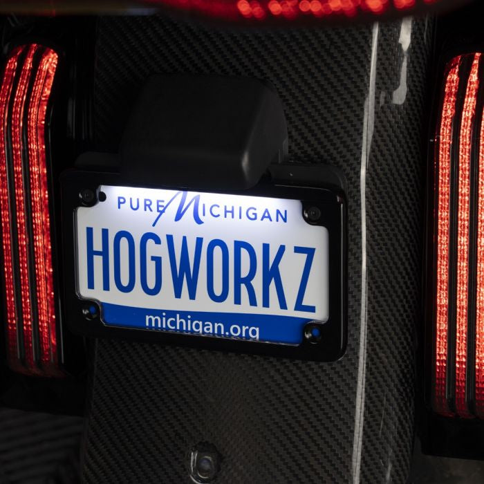 Black LED Low Profile License Plate Frame for Harley-Davidson® Motorcycles from HOGWORKZ on black bike
