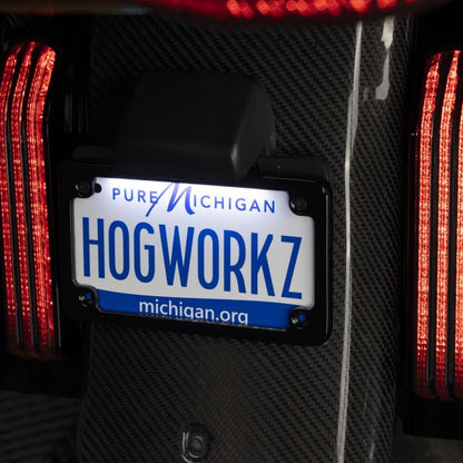 Black LED Low Profile License Plate Frame for Harley-Davidson® Motorcycles from HOGWORKZ on black bike