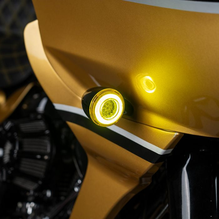 HOGWORKZ® Goldtooth™ LED Front Turn Signals for Harley-Davidson 1157 Base with Bullet Lens flash