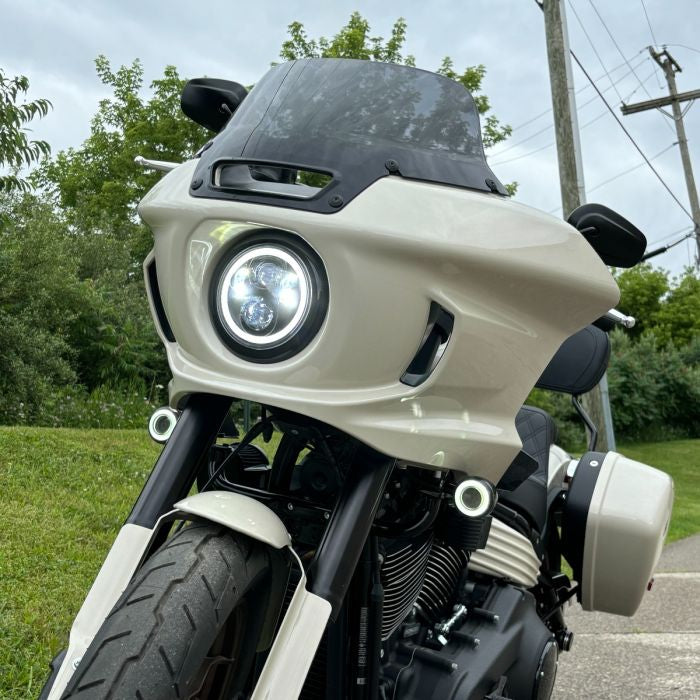 HOGWORKZ 5 3/4" LED Black HALOMAKER® Headlight for '18-'24 Harley close up