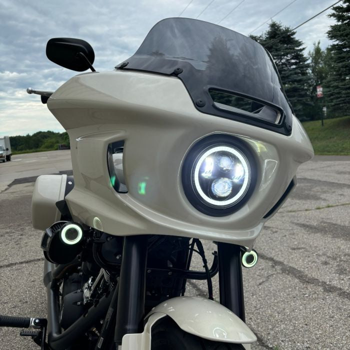 5 3/4" LED Black HALOMAKER® Headlight for '18-'24 Harley from HOGWORKZ on white bike