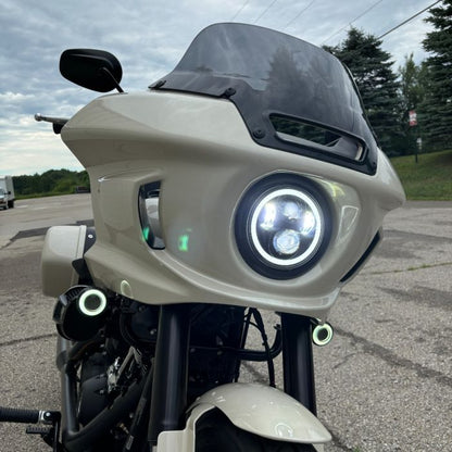 5 3/4" LED Black HALOMAKER® Headlight for '18-'24 Harley from HOGWORKZ on white bike