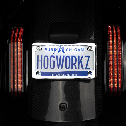 Chrome LED Low Profile License Plate Frame for Harley-Davidson® Motorcycles from HOGWORKZ with lighting