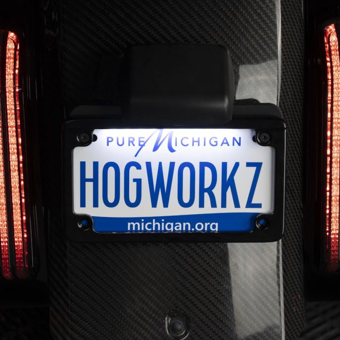 Black LED Low Profile License Plate Frame for Harley-Davidson® Motorcycles from HOGWORKZ front view
