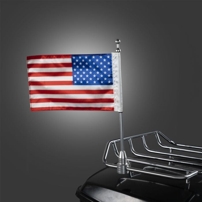 Chrome USA Flag / Pole with Luggage Rack Mount for Harley-Davidson® from HOGWORKZ on bike