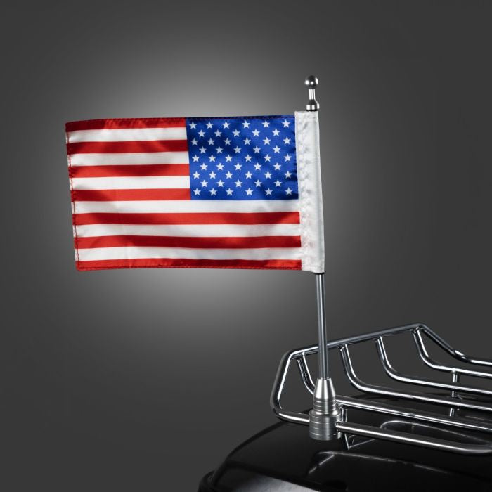 Chrome USA Flag / Pole with Luggage Rack Mount for Harley-Davidson® from HOGWORKZ side view