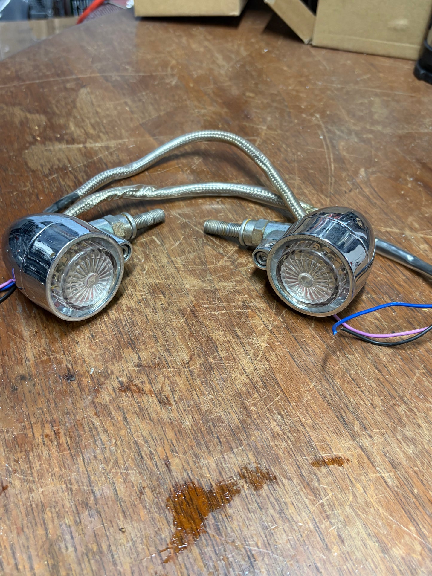Chopper Marker Turn Signal Lights 3 Wire Pair Chrome Aftermarket Used