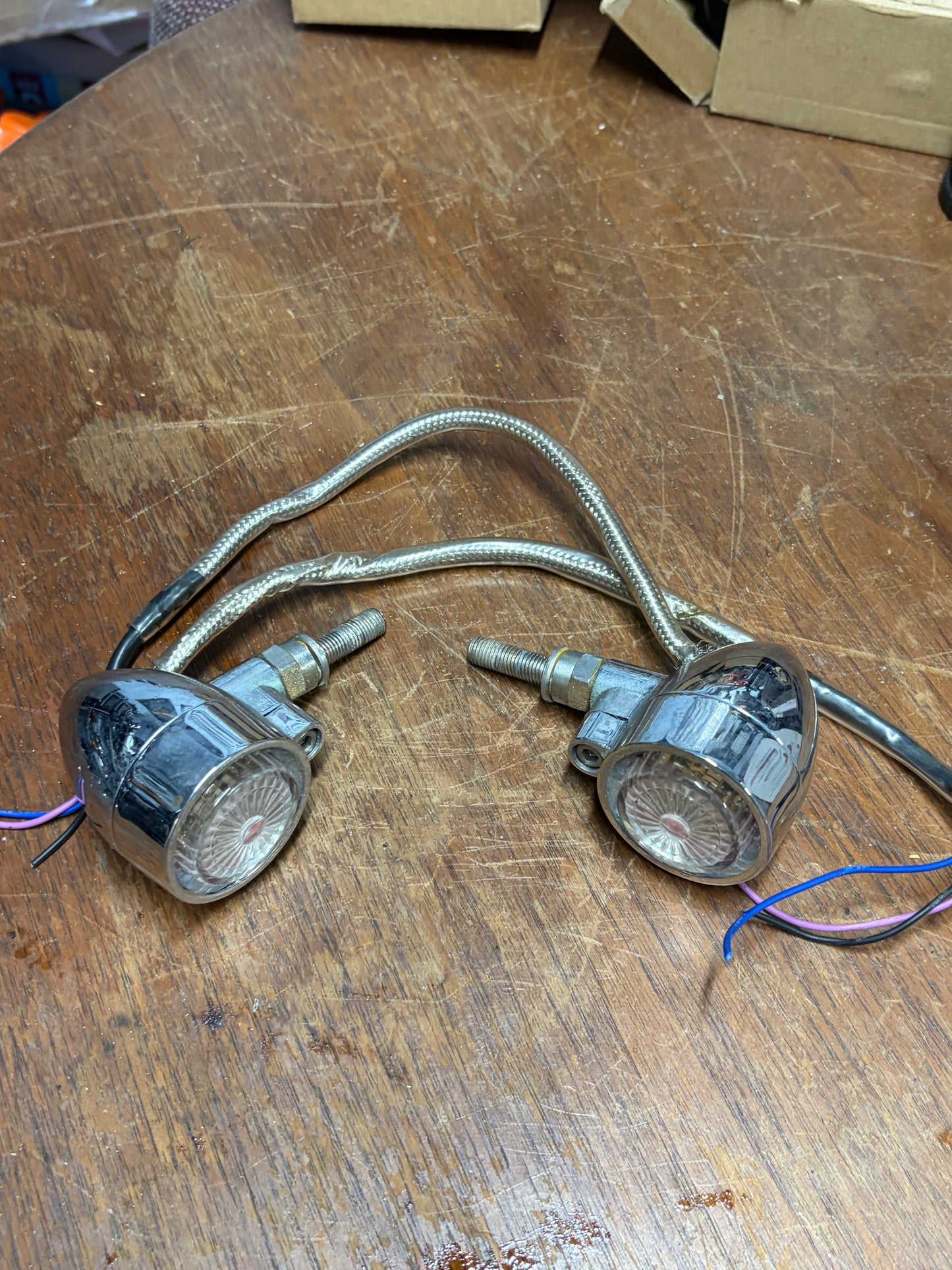 Chopper Marker Turn Signal Lights 3 Wire Pair Chrome Aftermarket Used