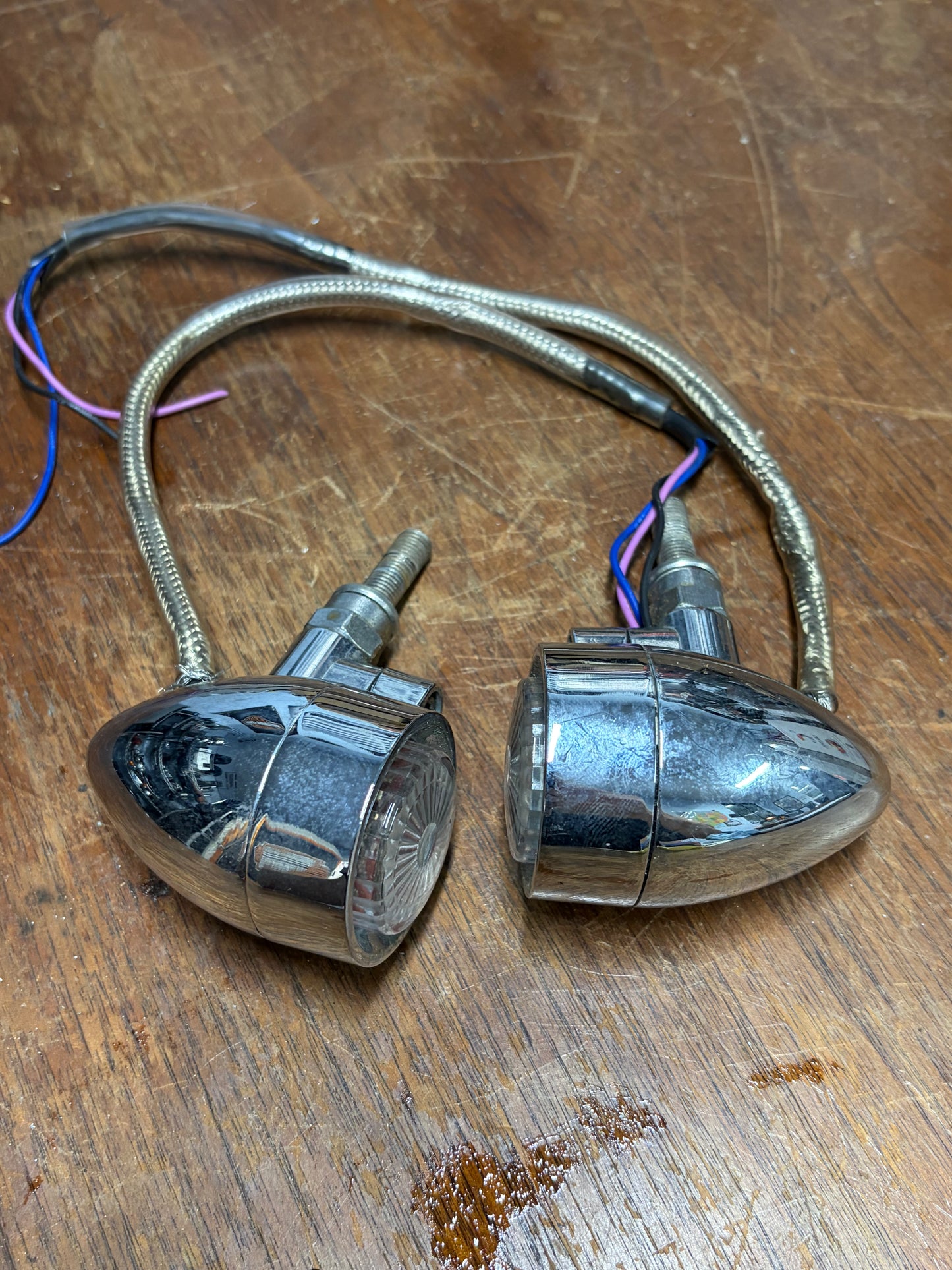 Chopper Marker Turn Signal Lights 3 Wire Pair Chrome Aftermarket Used