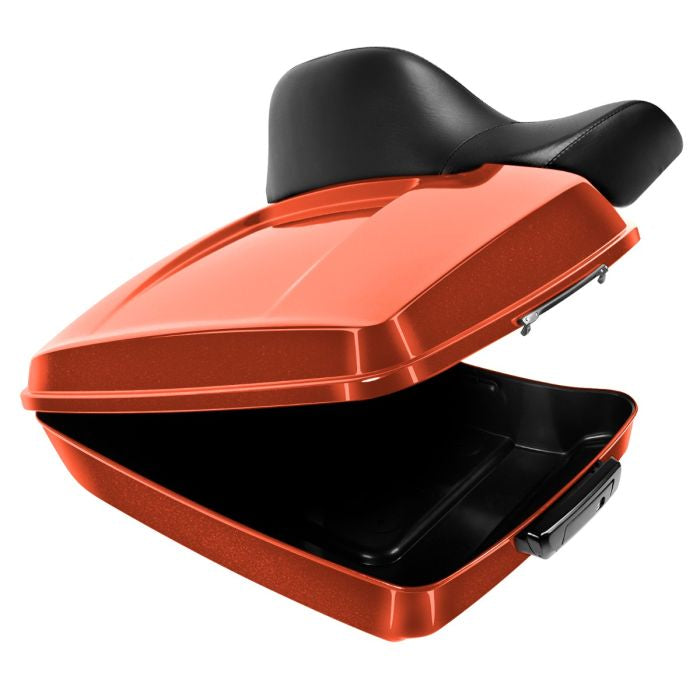 Baja Orange Harley Touring Chopped Tour Pack with Full Backrest and Black Hardware open