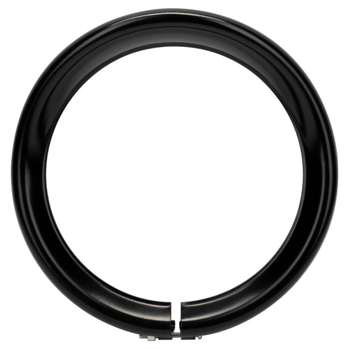Black visor style headlight trim ring. Direct bolt-on install for 7" headlight from HOGWORKZ. front view