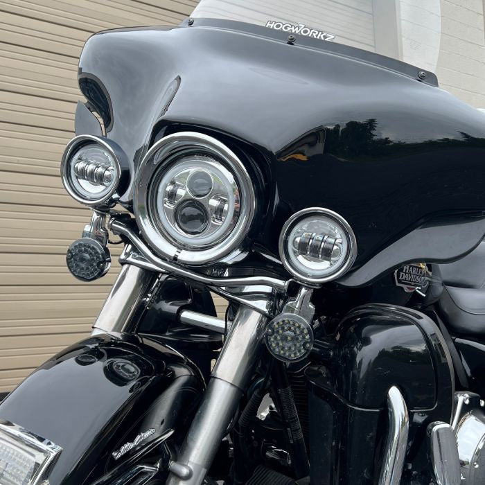Chrome Passing Lamp Visor Trim Rings pair from HOGWORKZ on an Ultra Classic front