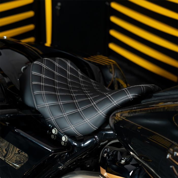 Alpha Solo Seat for Harley® Touring with Diamond / Silver Stitch from HOGWORKZ on bike