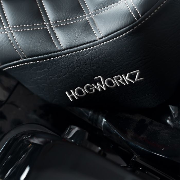 Alpha Solo Seat for Harley® Touring with Diamond / Silver Stitch from HOGWORKZ close up