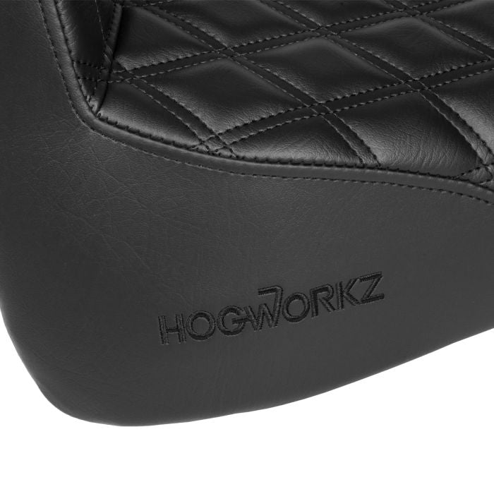 HOGWORKZ Rise Up Seat for Harley® Fat Bob Black Stitch embroidered log