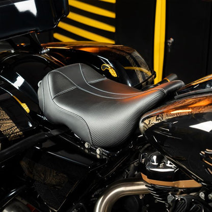 Carbon Weave Alpha Solo Seat for Harley® Touring from HOGWORKZ on black bike