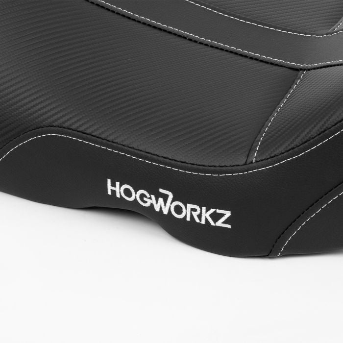 Carbon Weave Alpha Solo Seat for Harley® Touring from HOGWORKZ embroidered logo