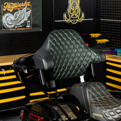 HOGWORKZ® Diamond Stitched King Tour Pack Backrest Pad w/ Green Stitching