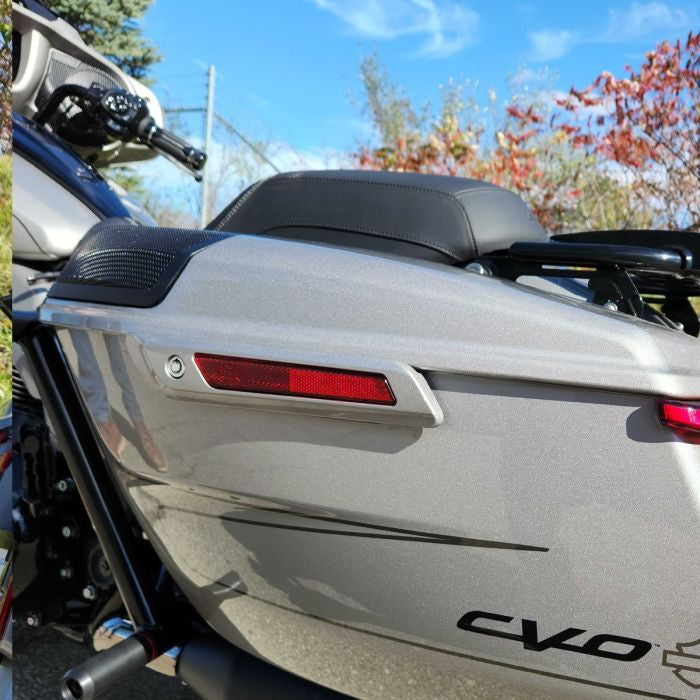 Color Matched Saddlebag Latch Covers on Harley® CVO red reflector