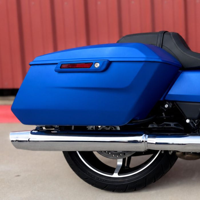 Aurora Blue Denim Saddlebag Latch Covers on Harley® Touring