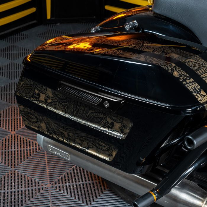 Black Anodized Saddlebag Latch Covers for Harley® Touring from hogworkz