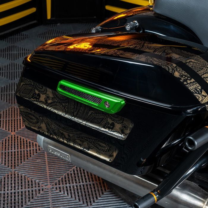 Green Anodized Saddlebag Latch Covers for Harley® Touring from hogworkz on bike