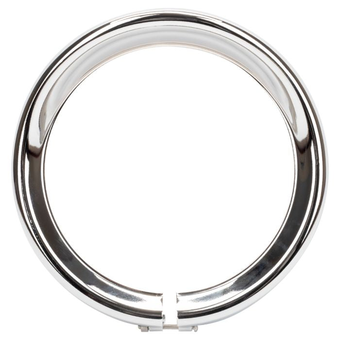Chrome-plated visor style headlight trim ring. Direct bolt-on install for 7" headlight from HOGWORKZ. front view