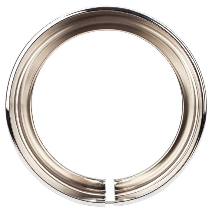 Chrome-plated visor style headlight trim ring. Direct bolt-on install for 7" headlight from HOGWORKZ. rear view