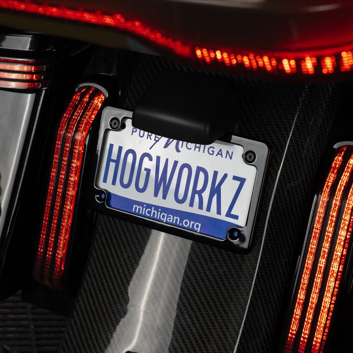 Black Low Profile License Plate Frame for Harley-Davidson® Motorcycles from HOGWORKZ on bike