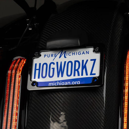 Black Low Profile License Plate Frame for Harley-Davidson® Motorcycles from HOGWORKZ on black bike