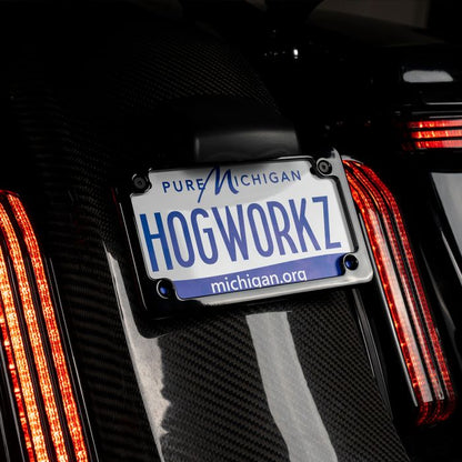 Black Low Profile License Plate Frame for Harley-Davidson® Motorcycles from HOGWORKZ close up