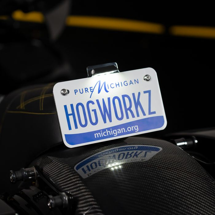 Chrome Seat Bolt LED Upright License Plate Mount for Harley® Motorcycles from HOGWORKZ close up