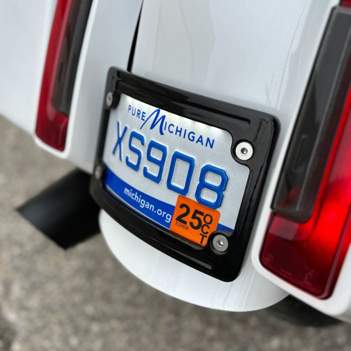 Black LED License Plate Frame Mount for Harley® Touring from HOGWORKZ on bike side
