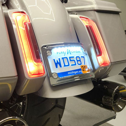 Chrome LED License Plate Frame Mount for Harley® Touring '23.5-'25 close up