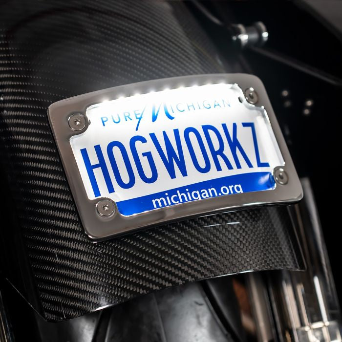 Chrome Universal LED Flush License Plate Mount for Harley-Davidson® Motorcycles from HOGWORKZ close up