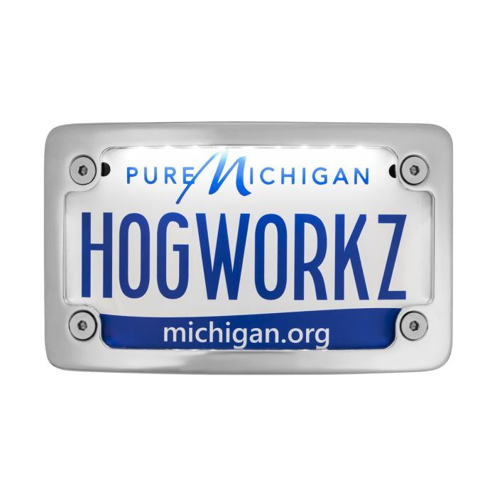 Chrome Universal LED Flush License Plate Mount for Harley-Davidson® Motorcycles from HOGWORKZ with light on