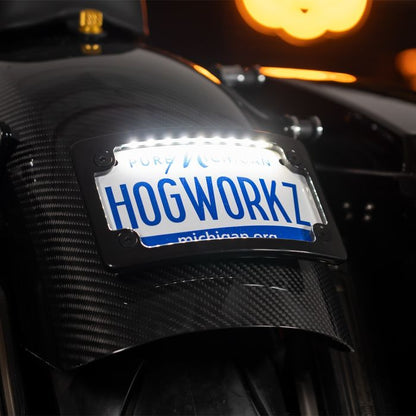 Black Universal LED Flush License Plate Mount for Harley-Davidson® Motorcycles from HOGWORKZ with light on