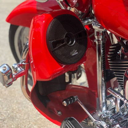 Color Match 6.5" Harley® Touring Lower Vented Fairing Speaker Pod Mounts on red bike