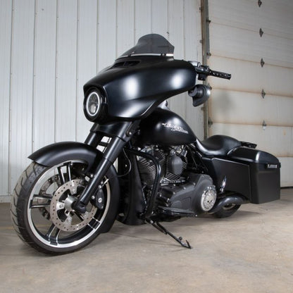 color matched stretched saddlebags in denim black