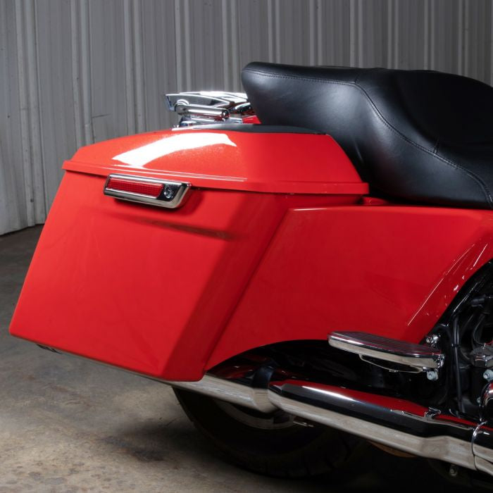 harley stretched saddlebags custom painted laguna orange