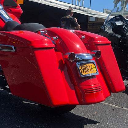 Red Harley® Touring Dual Blocked Extended 4" Stretched Saddlebags from HOGWORKZ® at bike rally